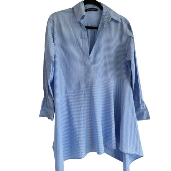 Zara Pinstripe Asymmetrical Hem Long Sleeve Layering Roomy Top Size Large - Picture 1 of 10